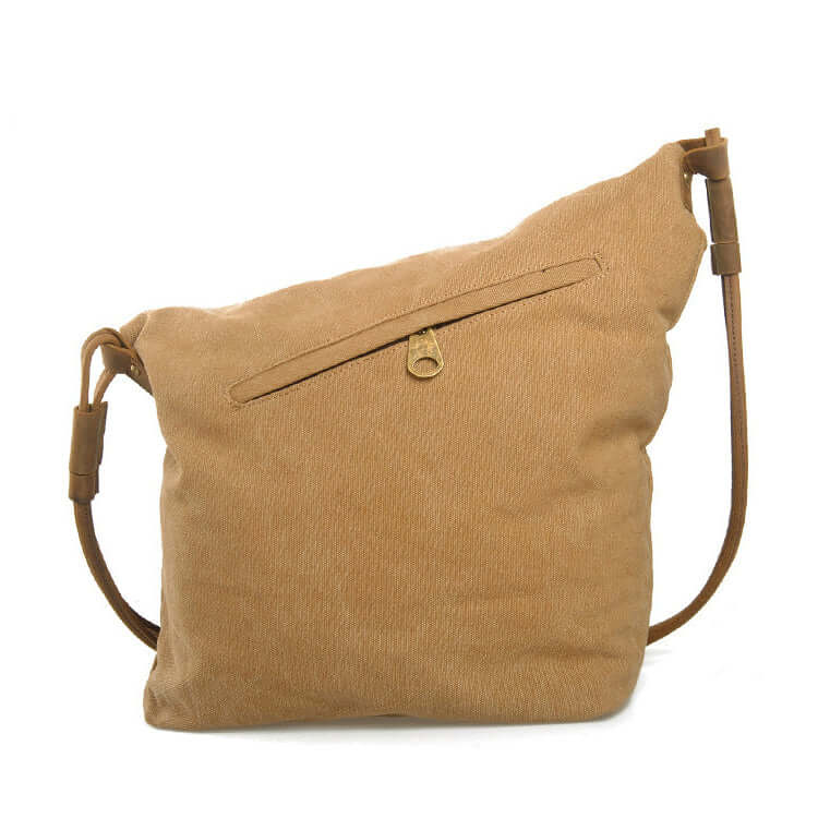 Back view of khaki canvas crossbody bag