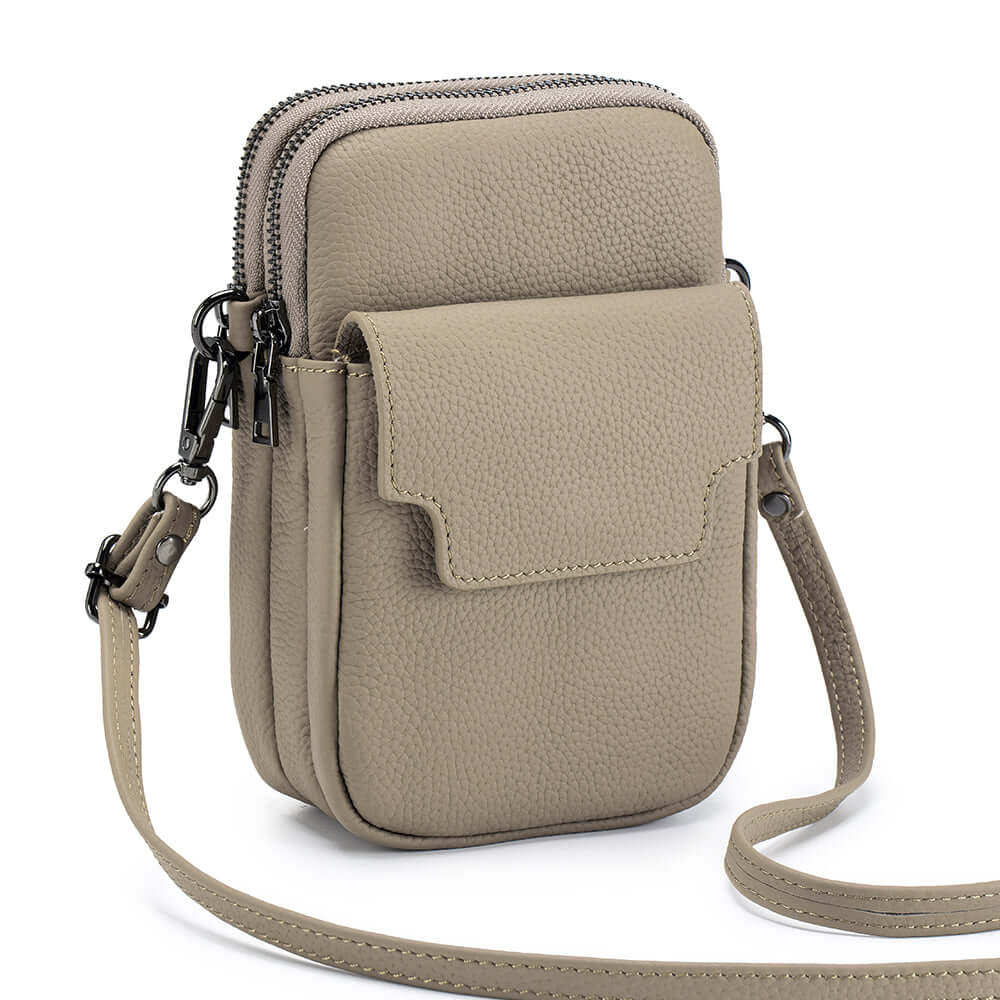 Khaki genuine leather vertical crossbody bag, lightweight and compact for daily use.