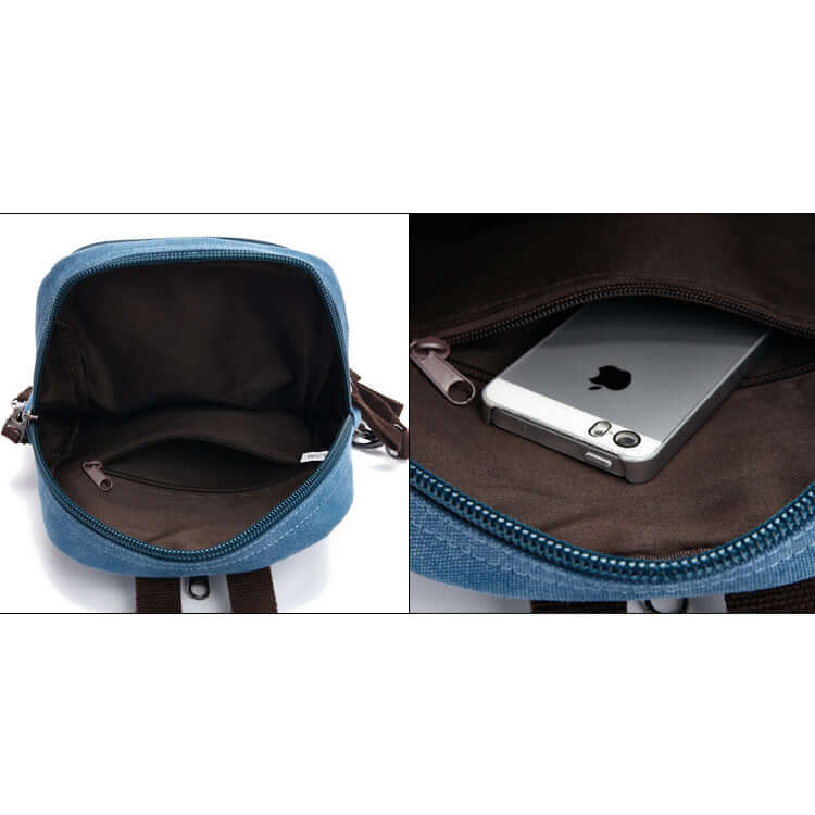 Main compartment zipper open on canvas backpack