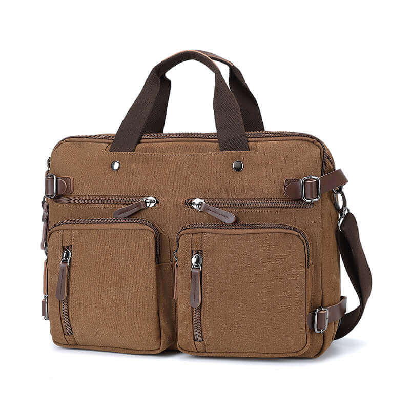 Men's coffee canvas laptop bag with multiple pockets.