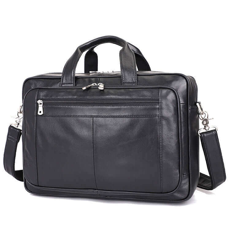 Spacious leather laptop bag designed for short business trips.