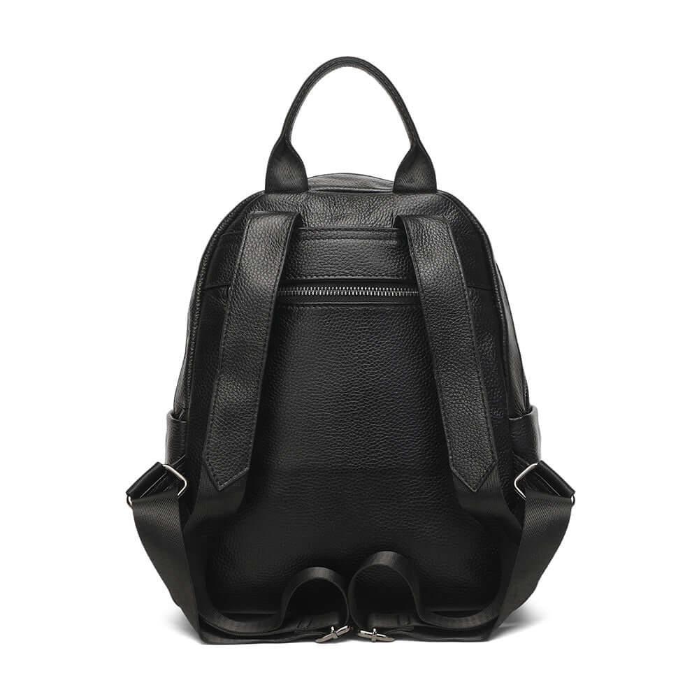 Back view of compact leather backpack in black