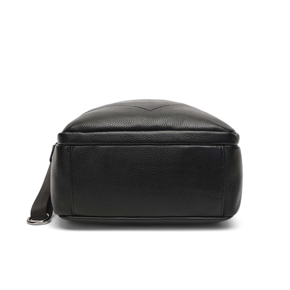 Bottom view of black leather backpack structure