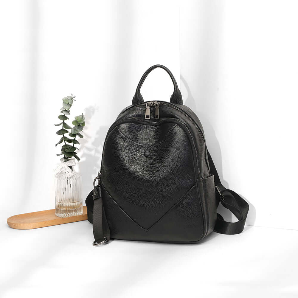 Display shot of black everyday leather backpack