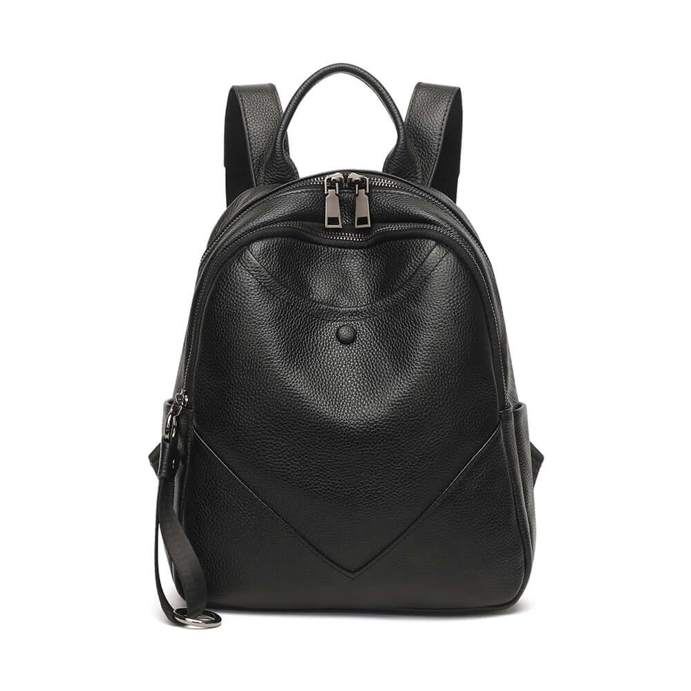 Black leather backpack front view for women