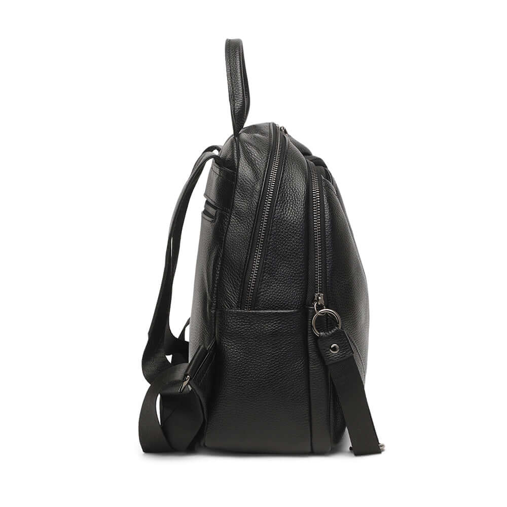 Side angle of small black leather backpack
