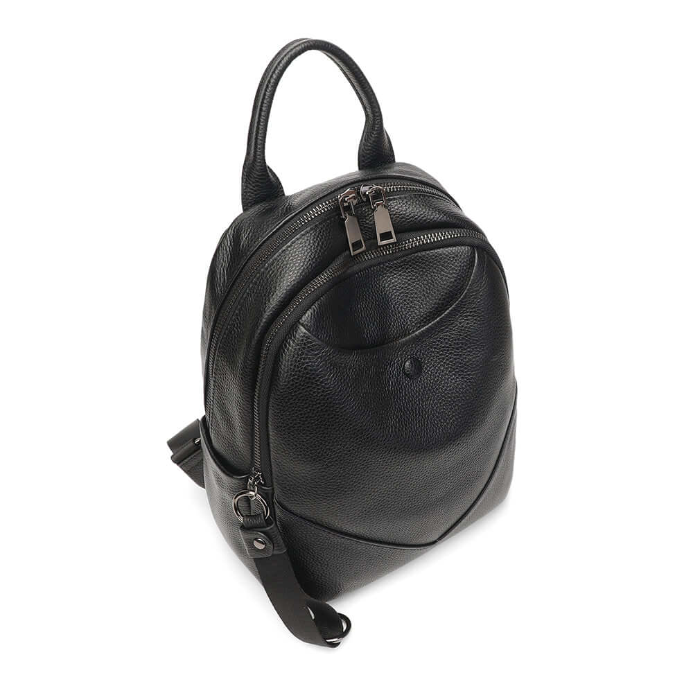 Top zipper view of small leather backpack