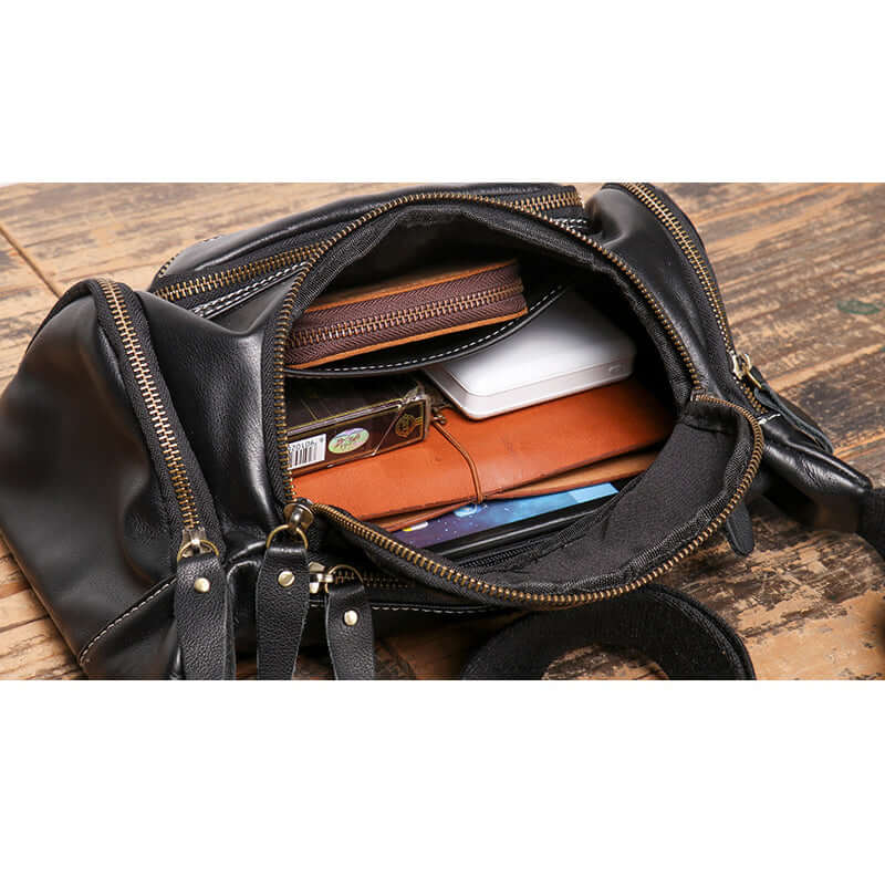 capacity display of men’s leather waist and crossbody bag