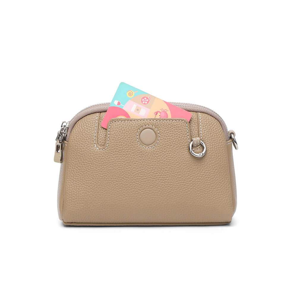 Leather bag front compartment display.