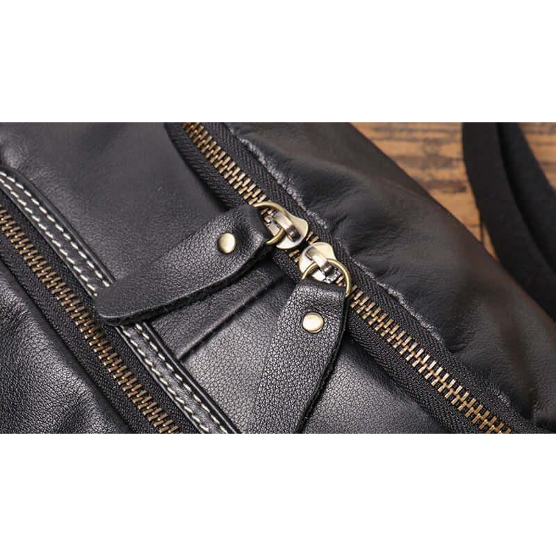 metal hardware close-up of men’s leather bag