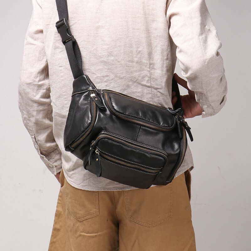 men’s leather waist bag worn around the waist