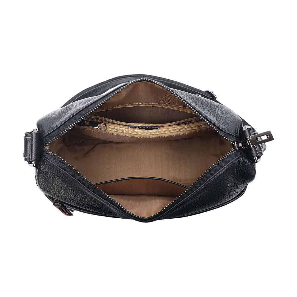 Top opening of leather shoulder bag interior