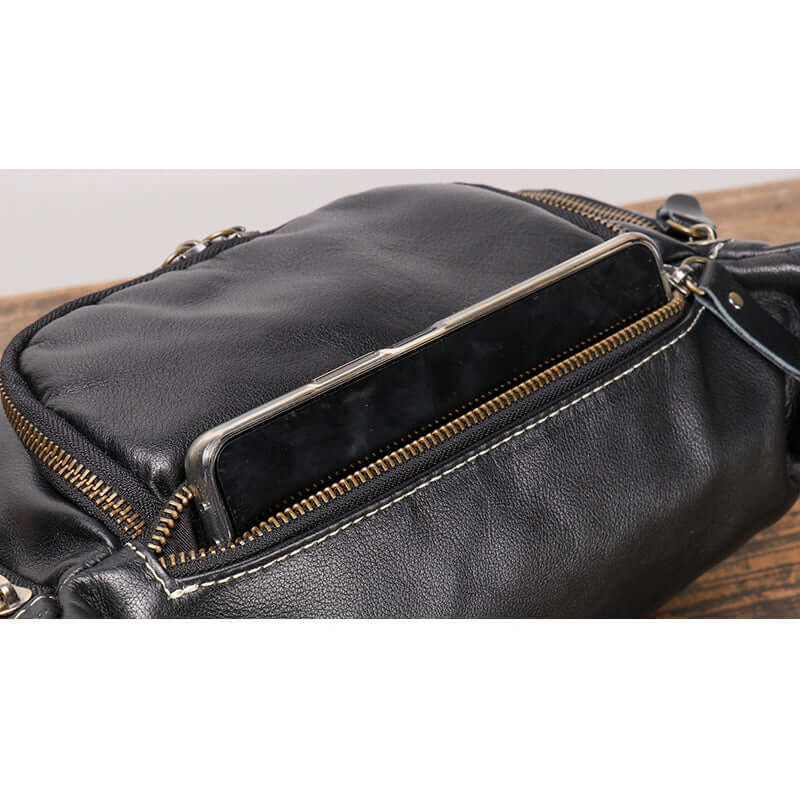 top zipper closure of men’s leather multi-way bag