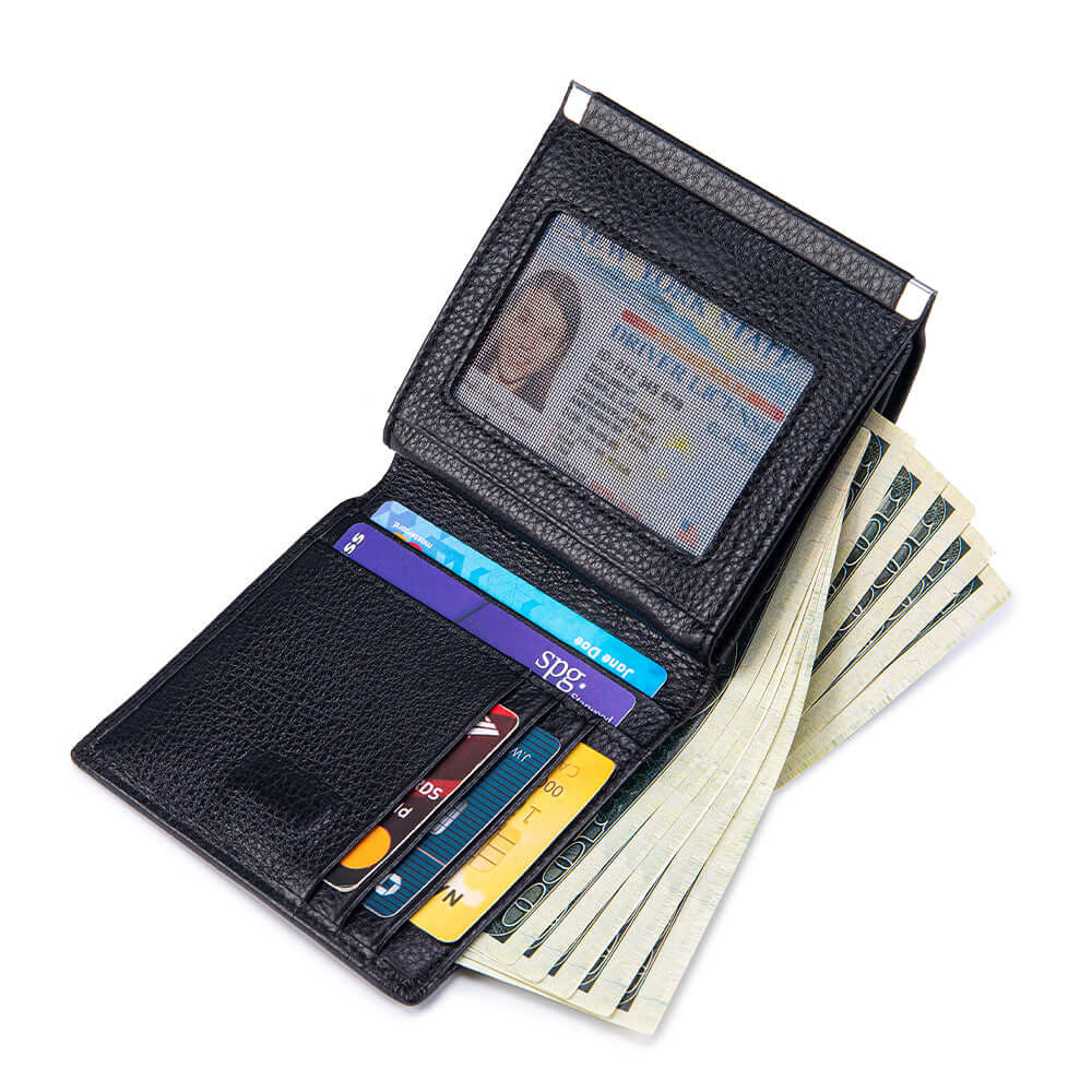 Black bifold wallet open showing cash and cards