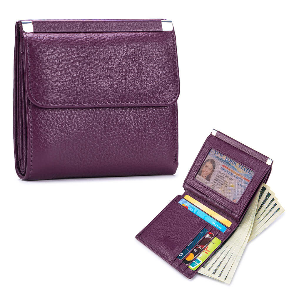 Dark purple leather bifold wallet front and open view