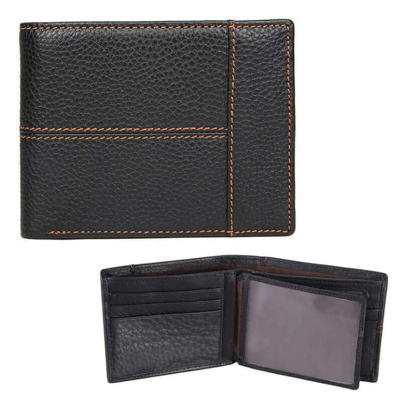 Front view of black leather bifold wallet NZ with stitched detailing.