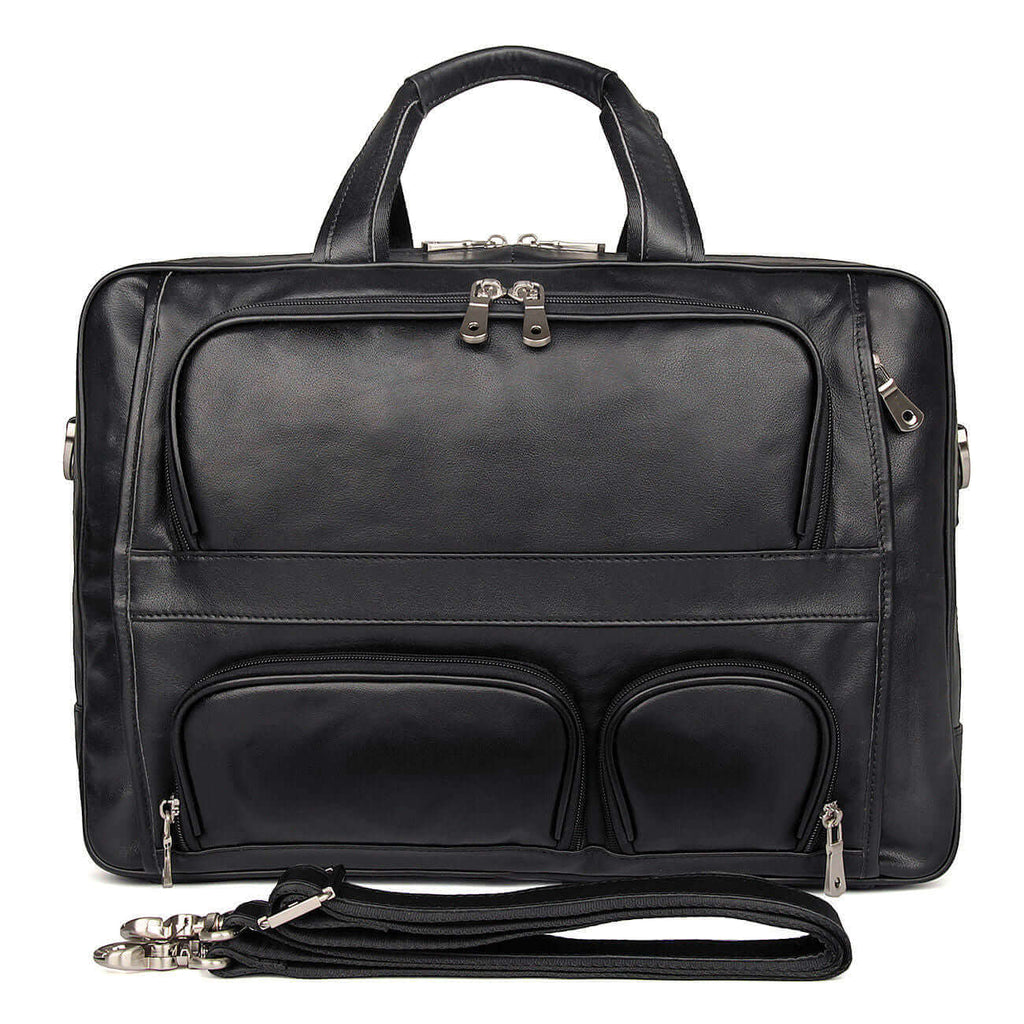 Men's leather briefcase with multiple pockets, fits 17-inch laptops.