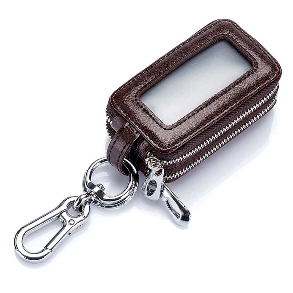 Front view of the leather car key case showing double zippers.