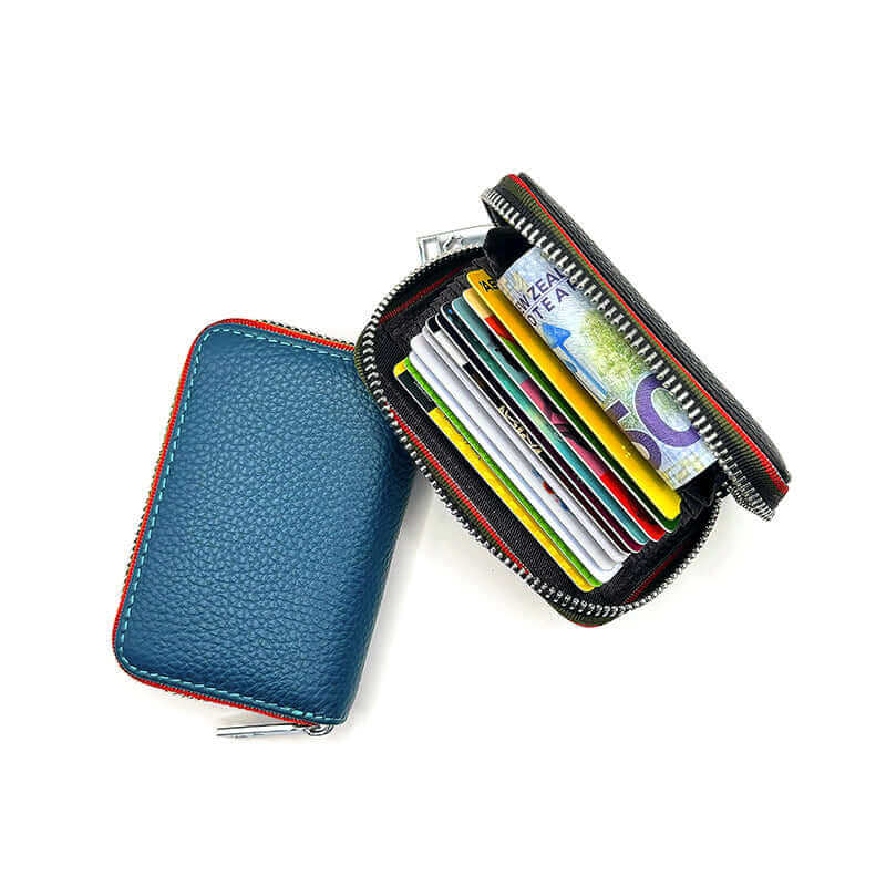 Leather card holder with RFID protection and colorful woven edge design for both men and women.