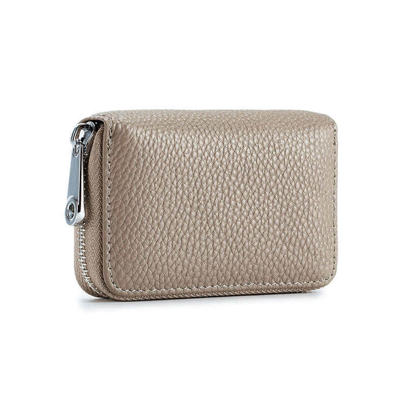 Leather card holder with RFID protection in grey, featuring spacious card slots and compact size.