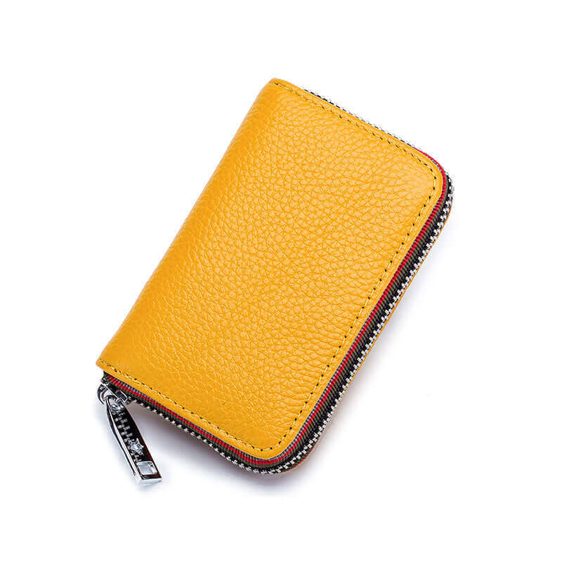 Leather card wallet with RFID protection, colorful design, and multiple compartments for cards and coins.