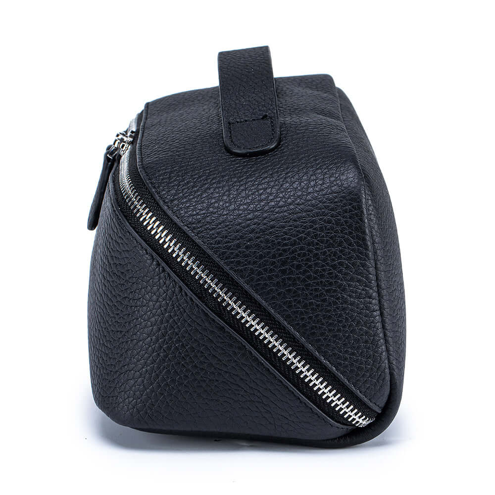 Side view of leather cosmetic travel bag