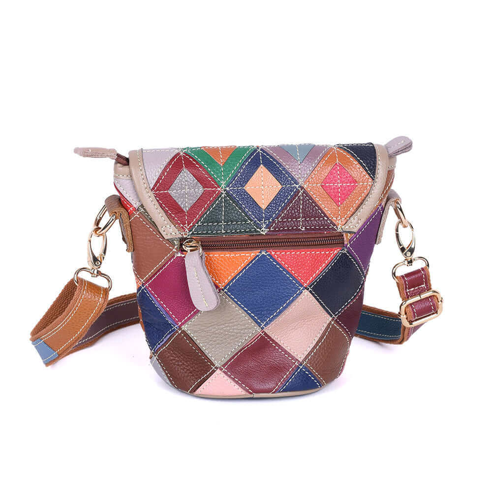 Woman carrying a colorful leather bag with patchwork design in NZ