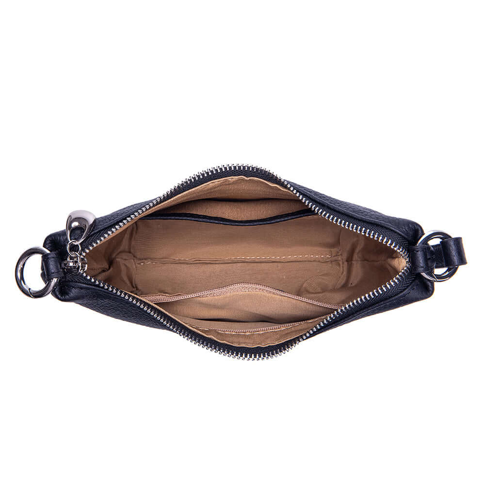 Interior view of leather crossbody bag