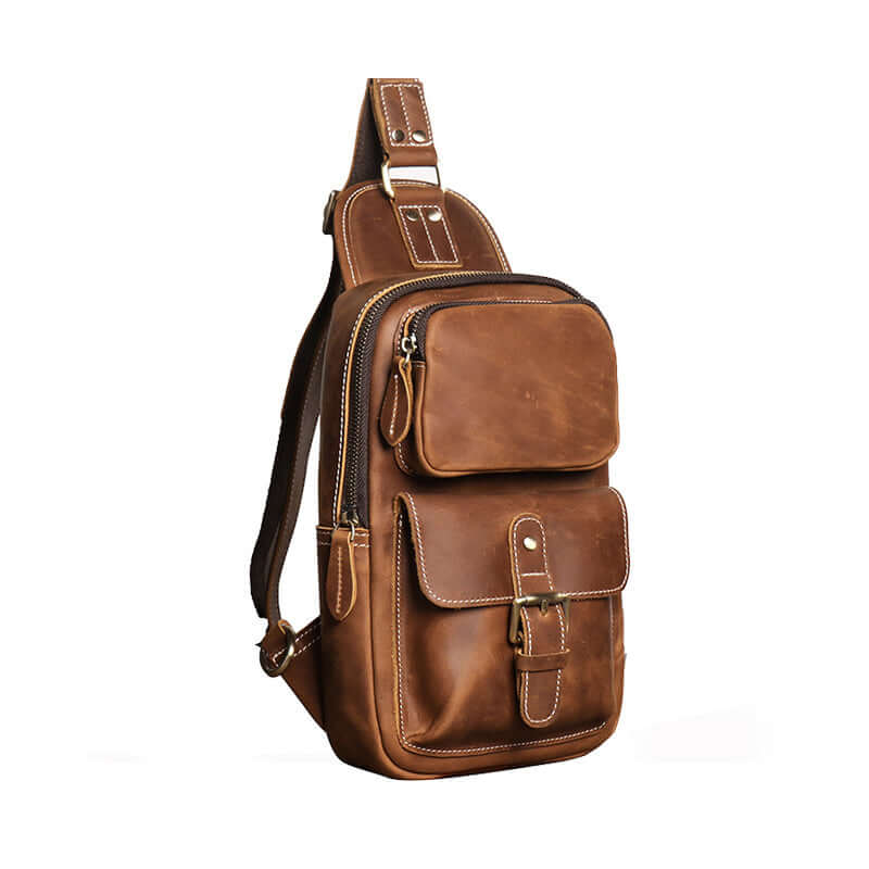 Side profile of brown crossbody chest bag