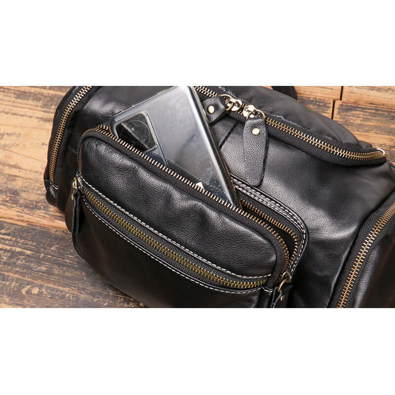 front pocket details on men’s leather crossbody bag