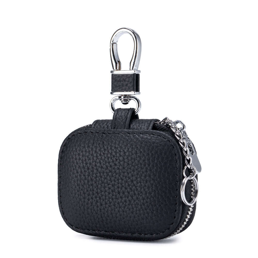 Black leather earbud pouch with chain hook and zip detail.
