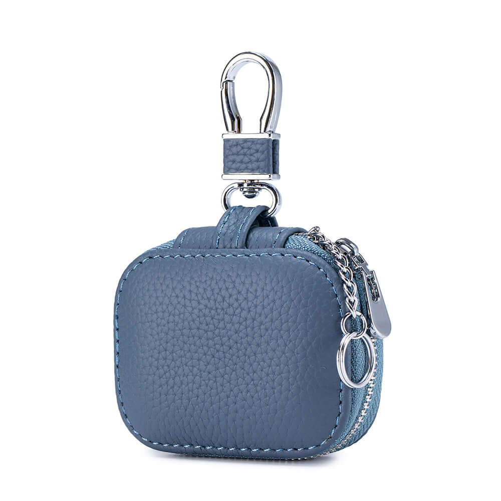 Front view of leather earbud case with zip closure and textured finish.