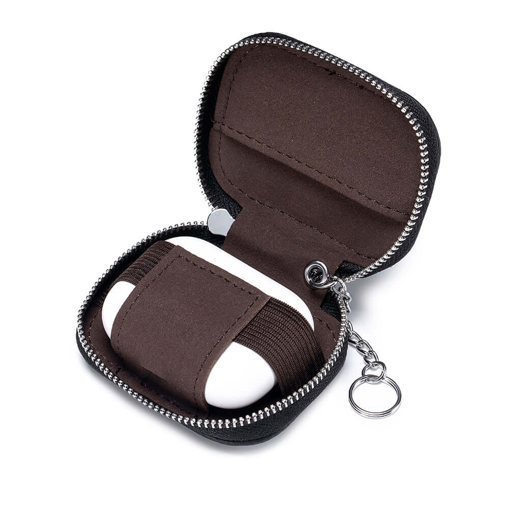 Open leather earbud pouch showing wireless earphones inside.