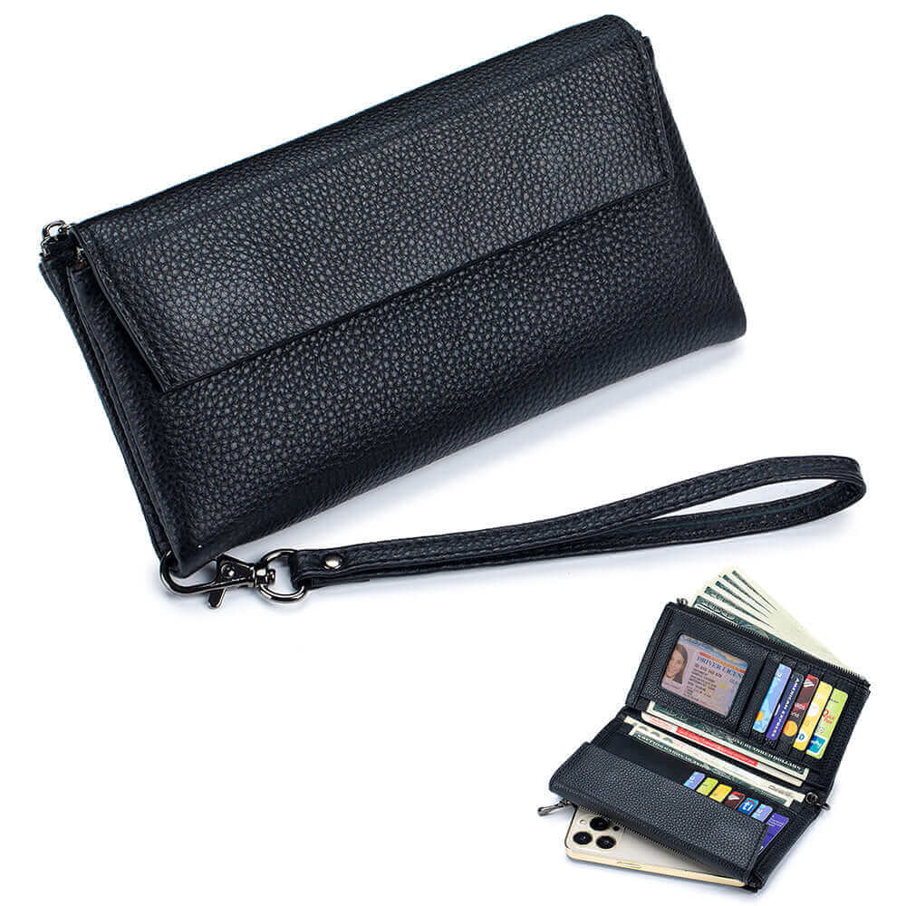 Black leather envelope long wallet with detachable wrist strap