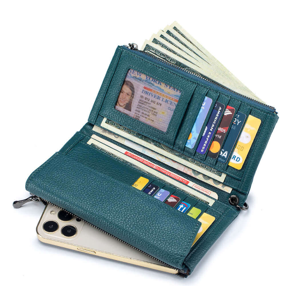 Open view of the leather envelope wallet displaying organized card slots and compartments.