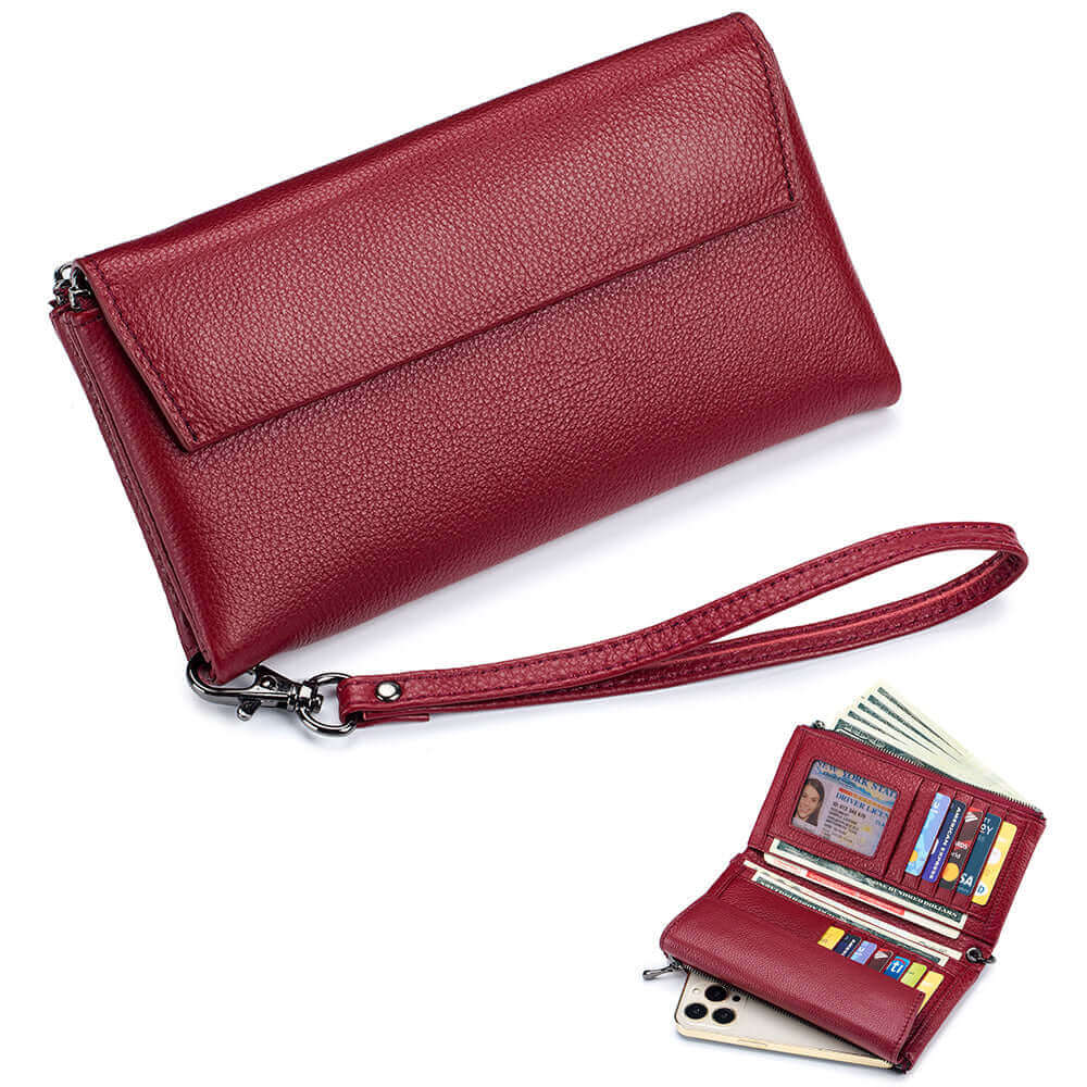 Red leather envelope long wallet showcasing its elegant design.