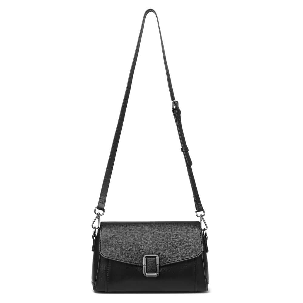 Black leather flap shoulder bag with long adjustable strap