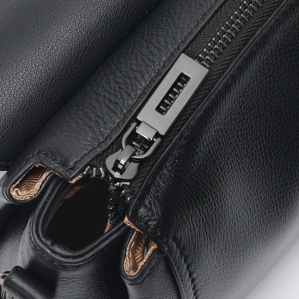 Close-up of magnetic flap buckle and leather texture