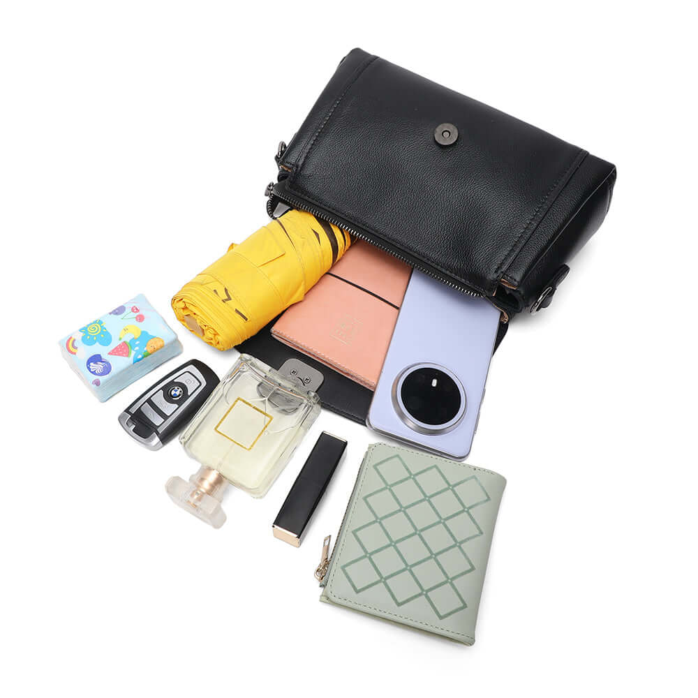 Flat lay presentation of leather flap shoulder bag and straps