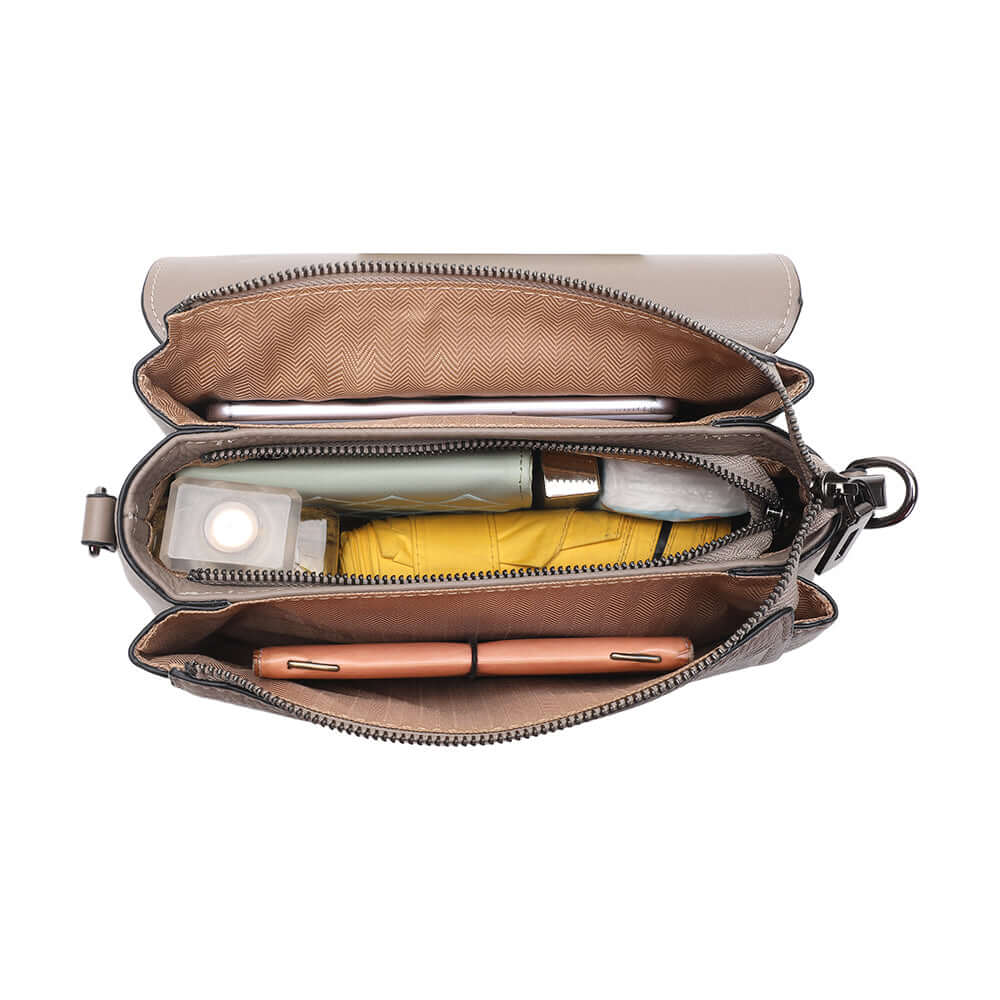 Compartments of leather flap bag with organised pockets