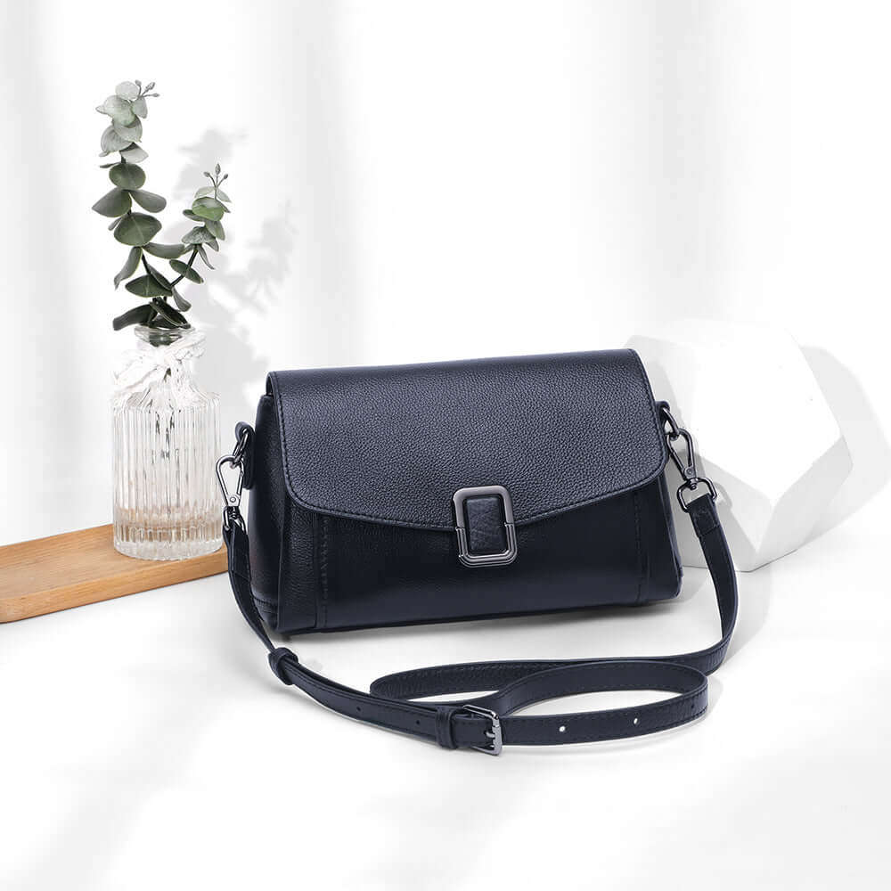 Styled outfit featuring leather flap shoulder bag for daily wear