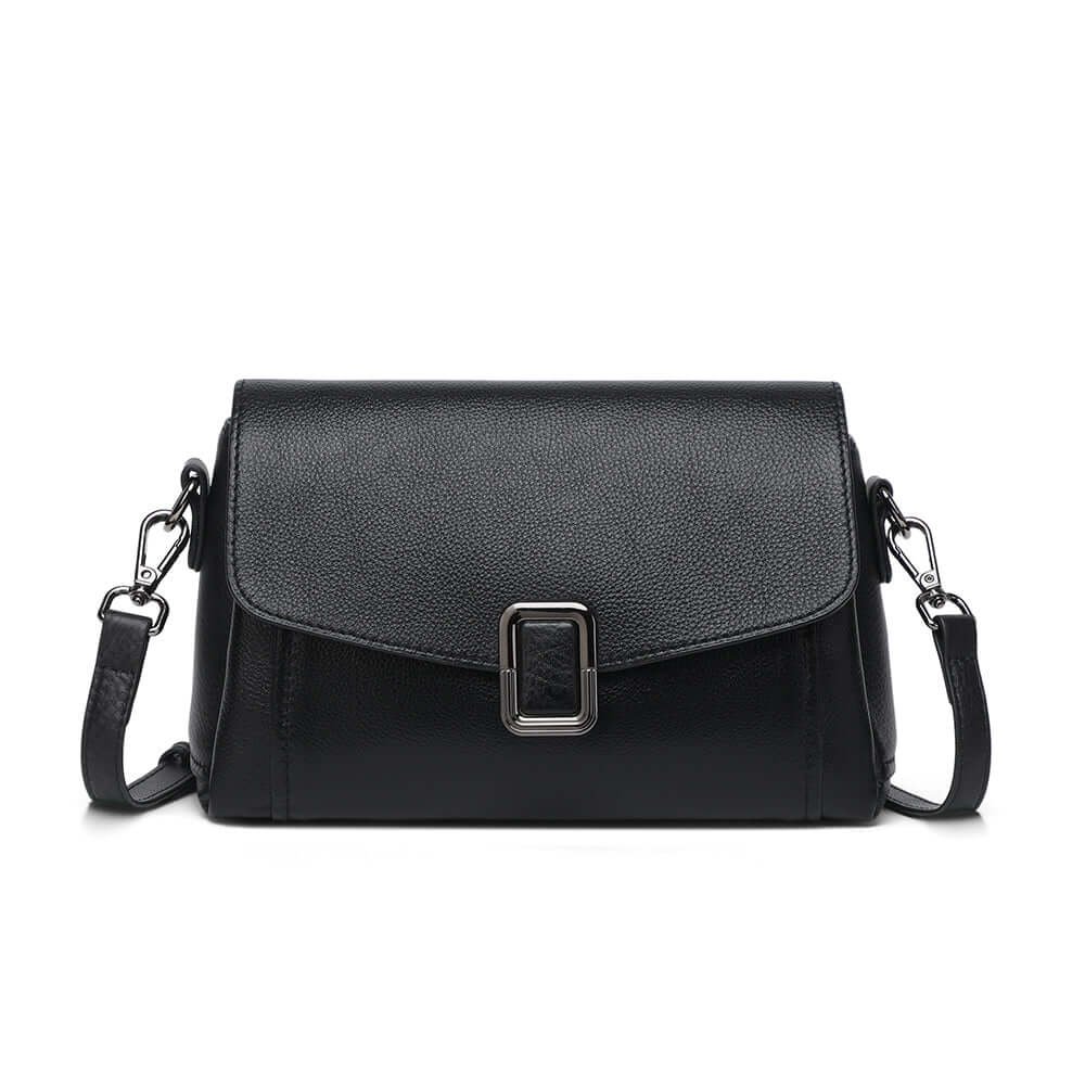 Front view of black leather flap shoulder bag for women