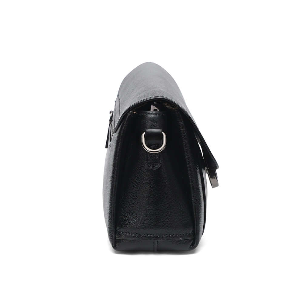 Black leather shoulder bag side view showing clean stitching