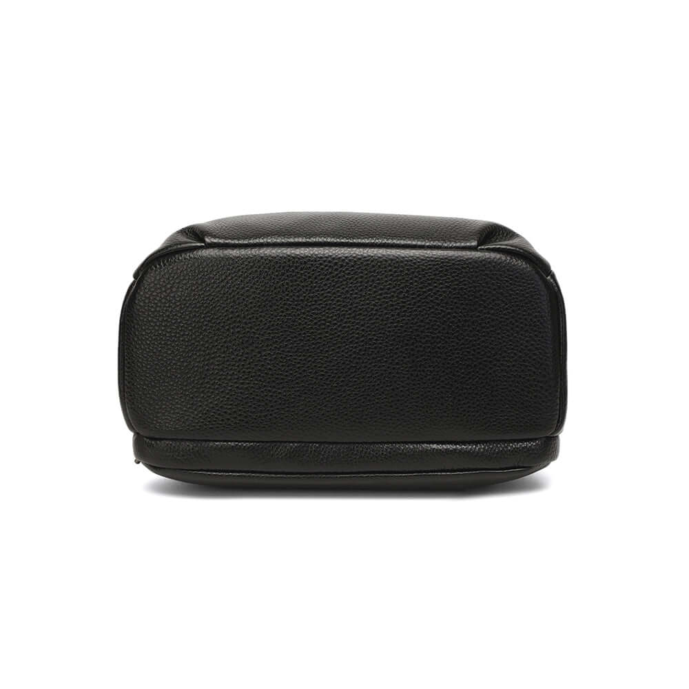 Bottom view of black leather handbag