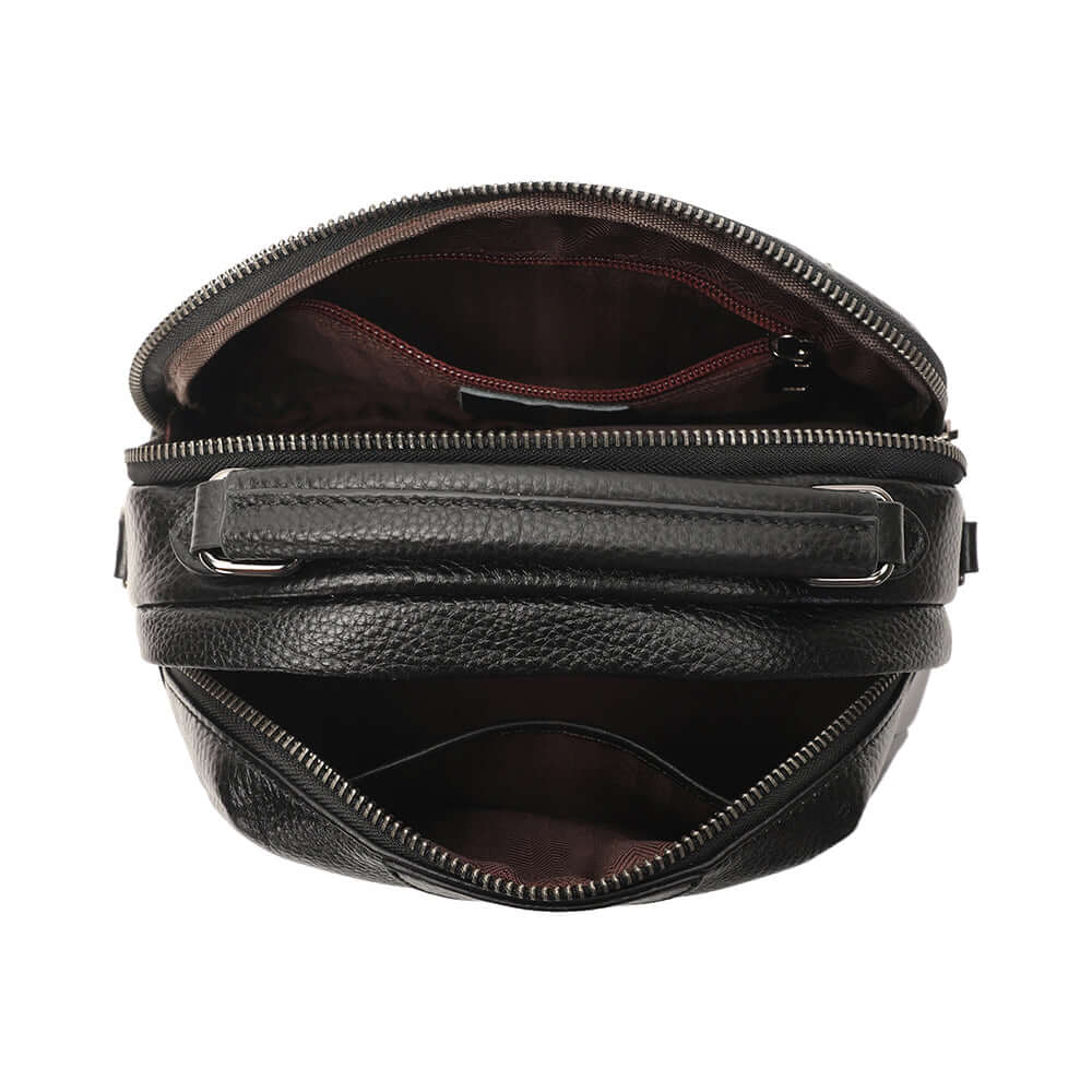 Black leather handbag open interior top view