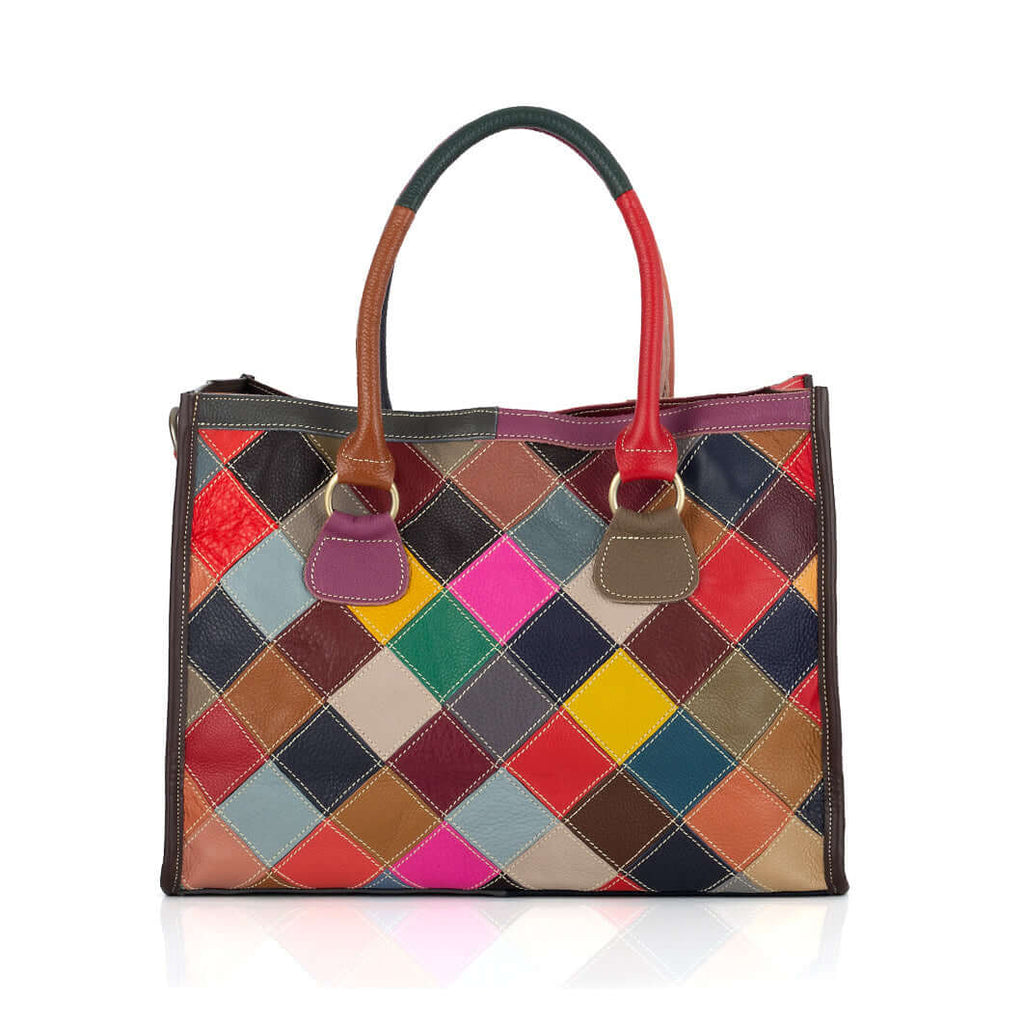 Back view of leather handbag with vibrant patchwork