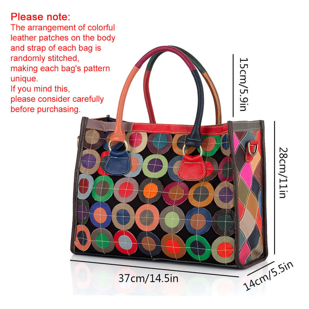 Front view of colorful patchwork leather handbag