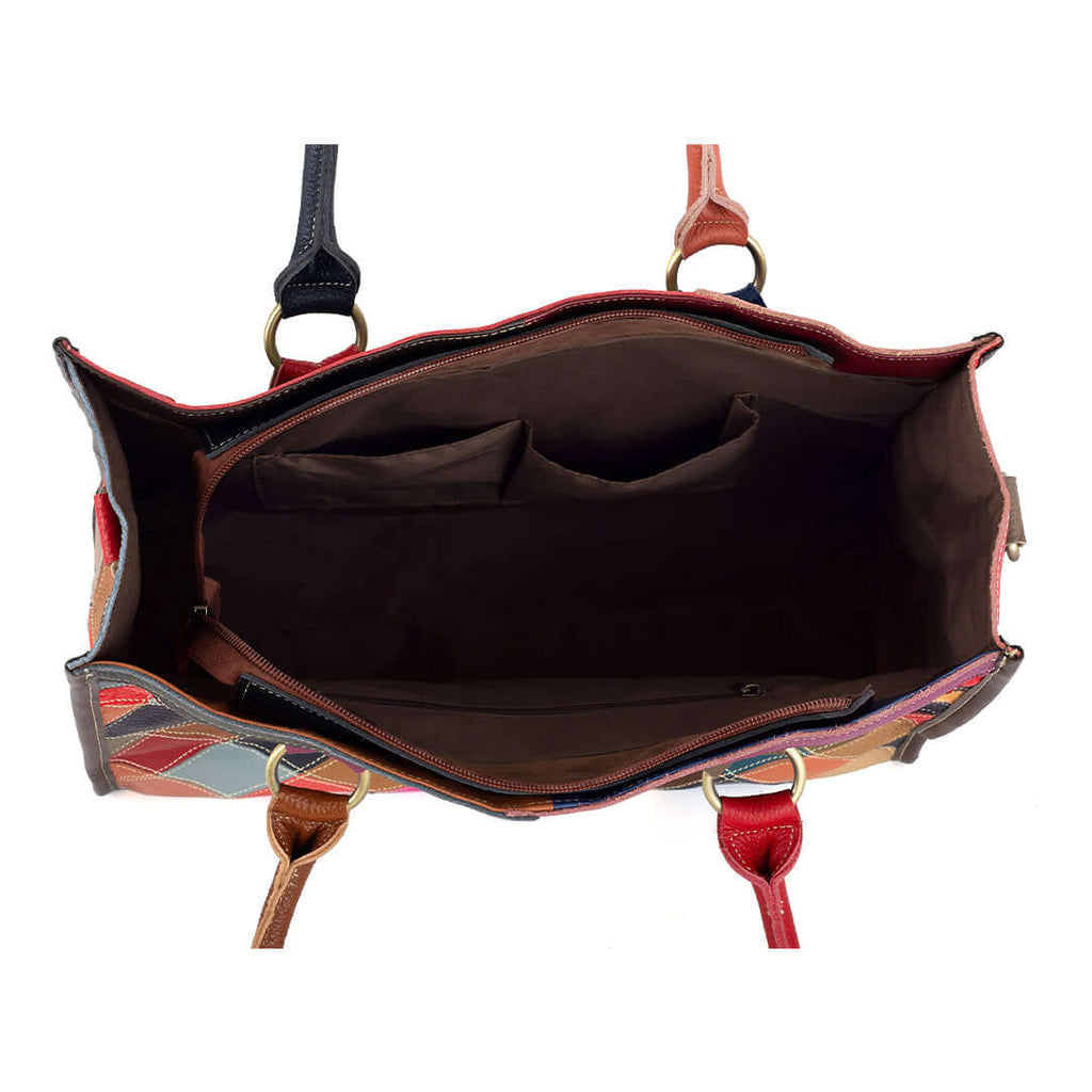 Interior view of spacious leather handbag