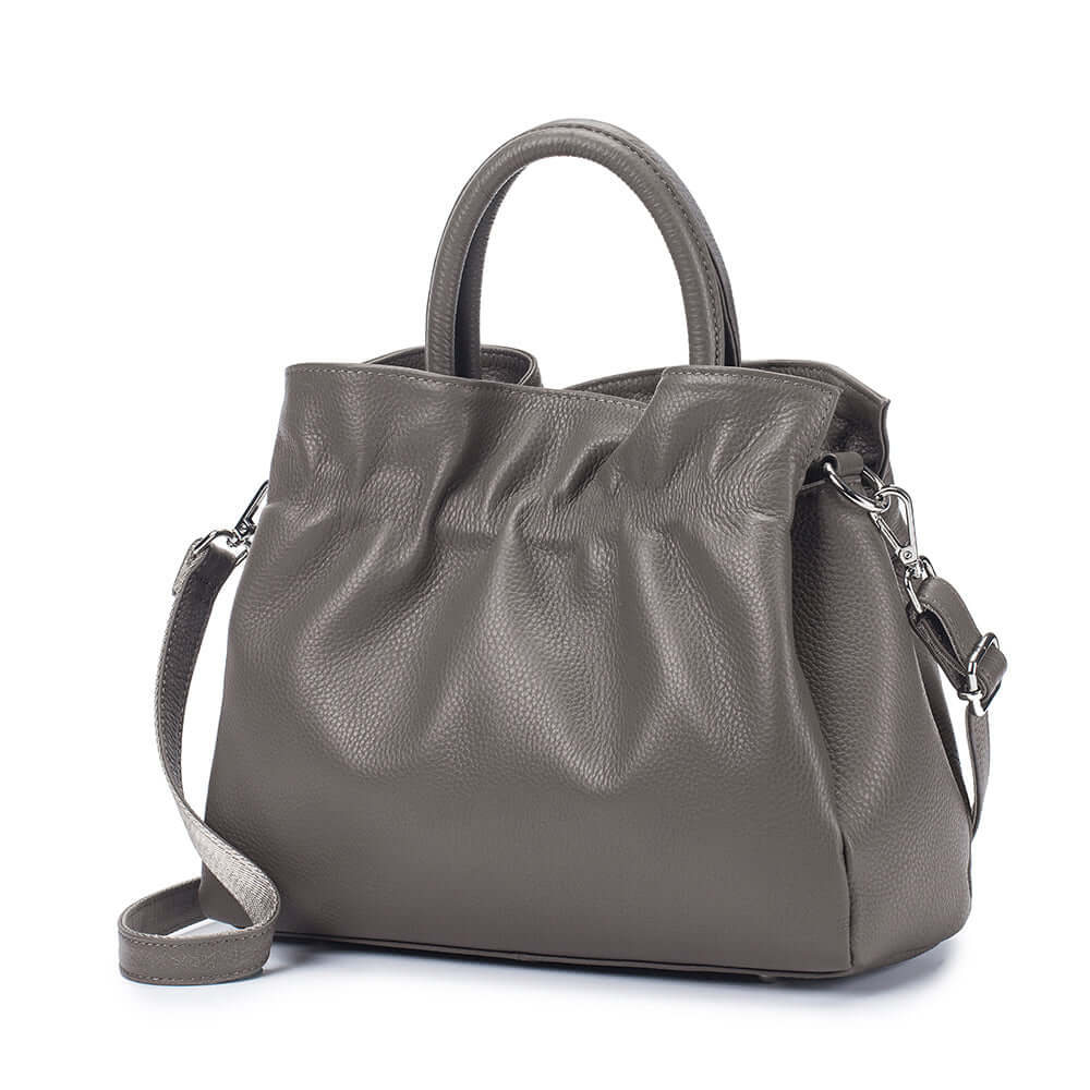 Grey leather handbag front view with pleated design