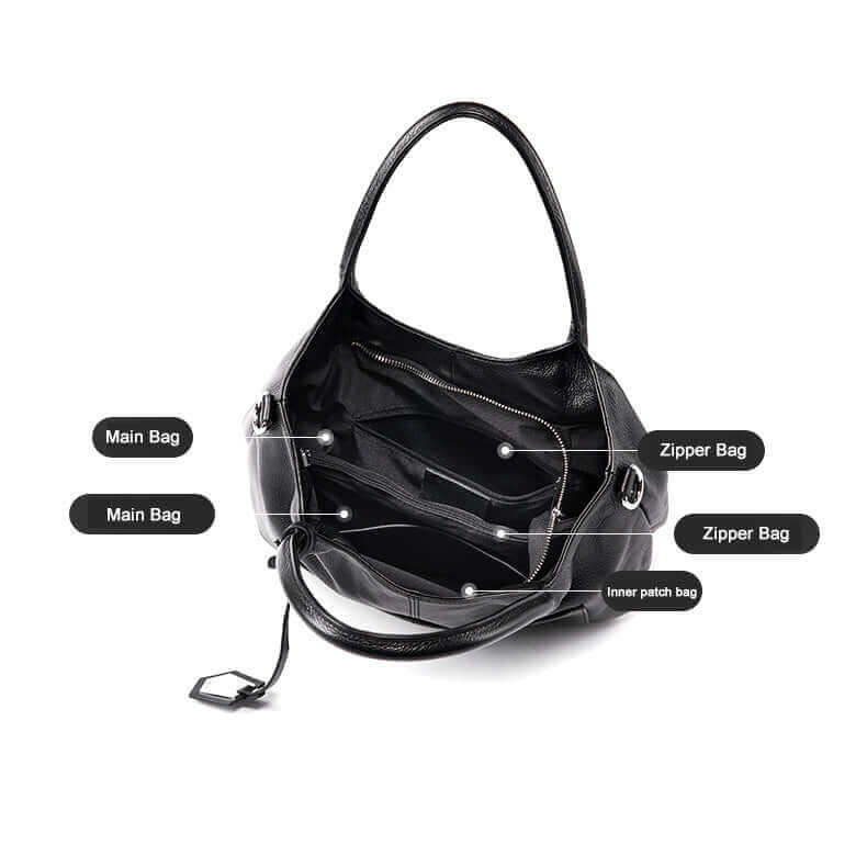 Spacious interior of leather shoulder bag for versatile use.